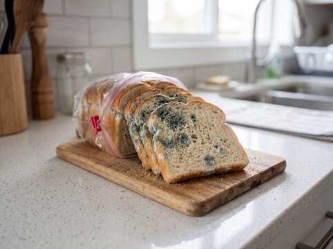 Sliced moldy bread in plastic bag on wooden cutting board for food safety warning poster and hygiene layout