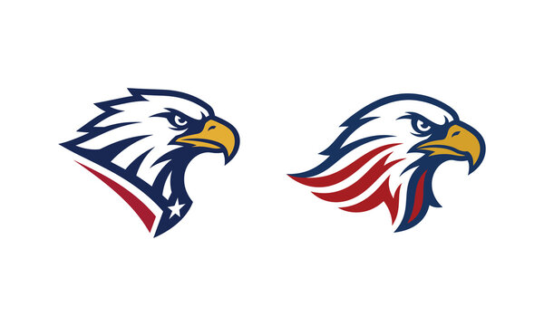 American bald eagle head vector logo set. Patriotic USA bird mascot with red and blue flag design for national sports or independence day celebration.