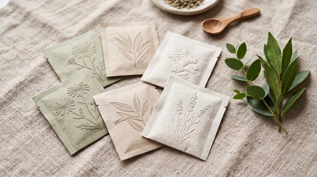 Natural embossed botanical seed packets on linen with wooden spoon and sprig for organic product packaging mockup and eco background