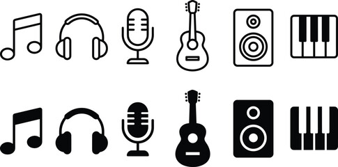 Minimal music icon set with musical notes, headphones, microphone, guitar, speaker, and piano keyboard in outline and solid black vector styles for digital audio media and entertainment design © ArtMint