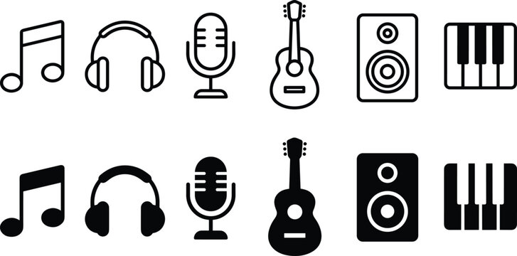 Minimal music icon set with musical notes, headphones, microphone, guitar, speaker, and piano keyboard in outline and solid black vector styles for digital audio media and entertainment design