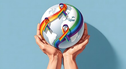 Obraz premium Hands holding a globe with a rainbow ribbon around it