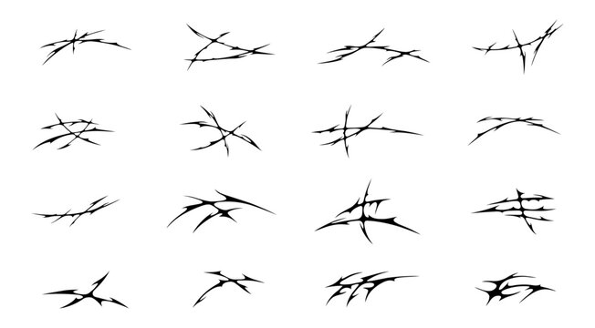 Abstract tribal tattoo vector shapes. Set of sharp black thorn branches, wire designs, and edgy slash mark graphic elements for gothic, grunge, or cyberpunk design projects. Isolated on white.