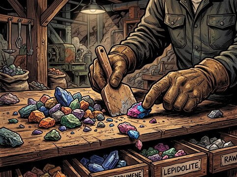 Closeup miner sorting colorful mineral specimens and crystals on a wooden bench for geology poster and educational background