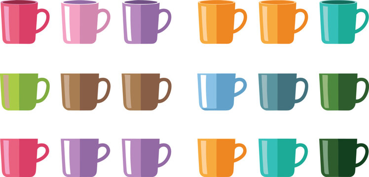 Comprehensive collection of various colorful ceramic coffee mugs and tea cups in flat vector design style isolated on a white background.