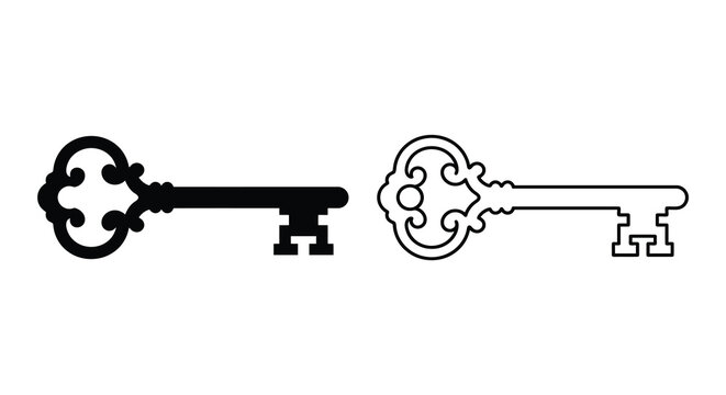 ornate keys black silhouette and line art on white background