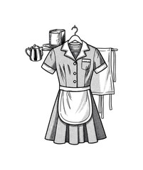 Obraz premium A retro diner waitress uniform dress on a hanger with apron and subtle engraved fabric texture, iconic service object, black and white halftone illustration,