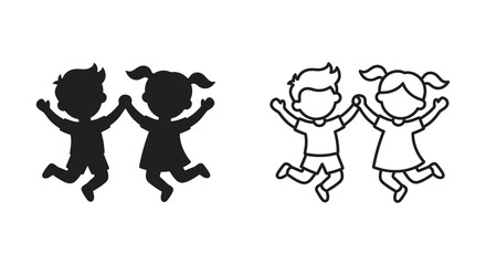 children silhouettes and line art jumping holding hands