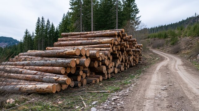 Freshly cut tree trunks organized in a massive heap alongside a rural trail in a timberland area.