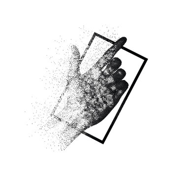 A hand silhouette pulling a curtain shut, symbolic gesture of concealment, off-center composition with strong negative space, monochrome halftone illustration