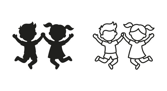 children silhouettes and line art jumping holding hands