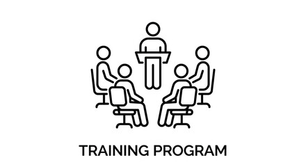 Naklejka premium training program icon with people sitting and one standing at a podium