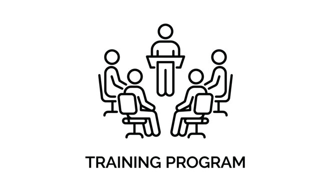 training program icon with people sitting and one standing at a podium