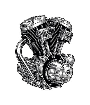 A classic motorcycle engine block with exposed components and intricate engraved textures, industrial mechanical object, black and white halftone illustration,