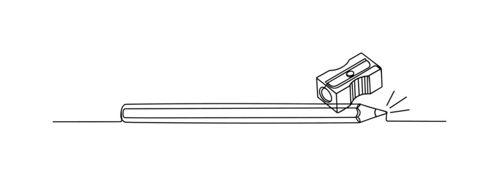 "Beauty Routine Items". Minimalistic one-line drawing eyeliner pencil and sharpener arranged neatly with subtle motion line, continuous single black line on