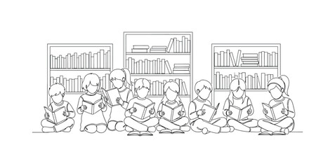 Obraz premium LIBRARY LEARNING. Minimalistic one-line drawing children reading quietly among simple shelves of books, continuous single black line on white background,