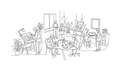 Obraz premium DESIGN STUDIO WORKFLOW. Minimalistic one-line drawing creatives using laptops, sketches, and tools in a collaborative setting, continuous single black line on