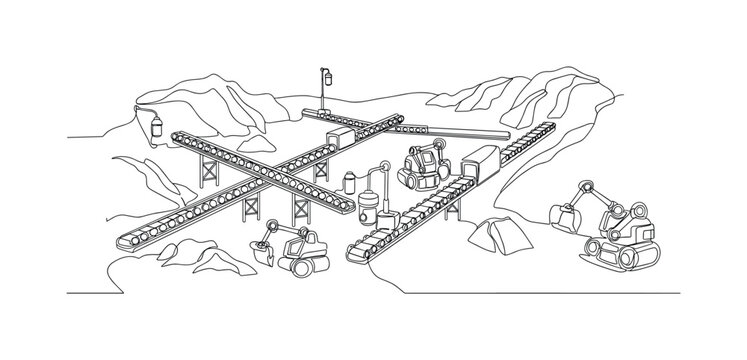 "Technological Mining Progress". Minimalistic one-line drawing futuristic mine layout with conveyor belts, sensors, and mining robots, continuous single black