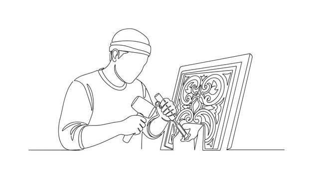"Woodcraft Art". Minimalistic one-line drawing artisan carving wood with chisel and mallet creating decorative piece, continuous single black line on white