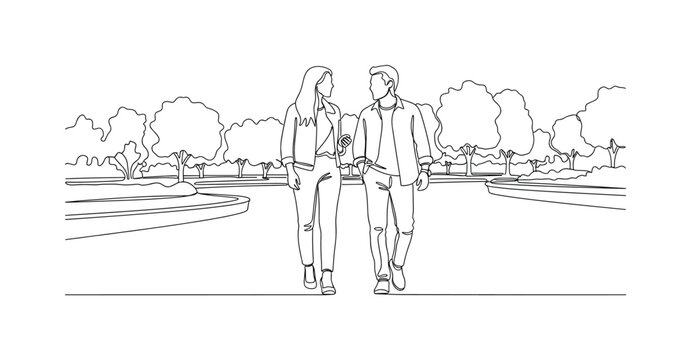 "Public Space Interaction". Minimalistic one-line drawing friends walking and talking along urban park or plaza, continuous single black line on