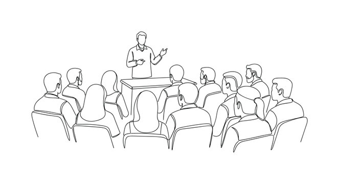 CULTURAL TRAINING SESSION. Minimalistic one-line drawing a facilitator presenting to a diverse group in a learning environment, continuous single black line on