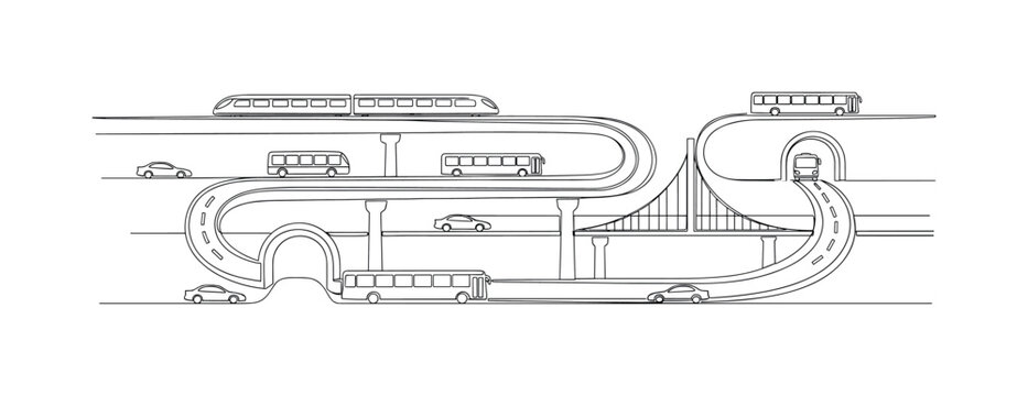 CONNECTED TRANSPORT SYSTEM. Minimalistic one-line drawing vehicles and roads integrated into a smart urban network, continuous single black line on white