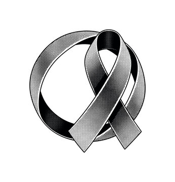 A velvet ribbon arranged into a simple circular occult mark, off-center composition with negative space, black and white halftone illustration, dot pattern