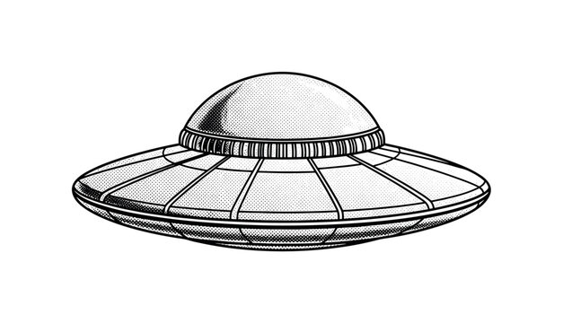 A retro flying saucer with smooth domed top and engraved panel detailing along the rim, iconic sci-fi object, black and white halftone illustration, high