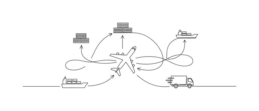 GLOBAL SHIPPING NETWORK. Minimalistic one-line drawing an aircraft connected to routes and cargo flow symbols representing international freight, continuous