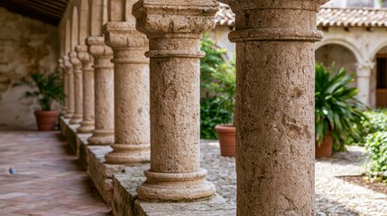 Fototapeta premium Aged pillars with intricate textures line the silent gallery of a historic gothic abbey.