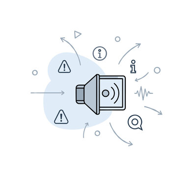 Public service announcements. A central speaker or screen broadcasts a clear message while simple icons like alerts and information symbols radiate outward.