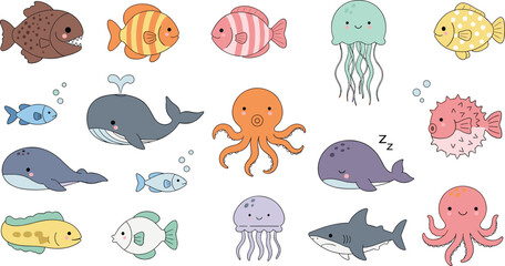 Collection of cute kawaii sea animal characters including whales octopus shark jellyfish and various colorful fish isolated on white background flat vector. © Shefali