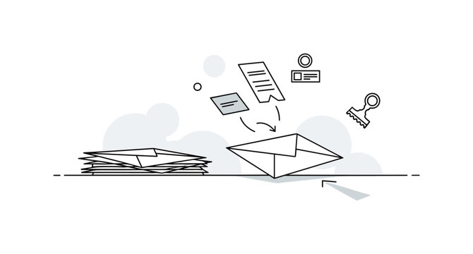 Mail sorting. A single stack of envelopes is placed on a minimal surface while one envelope slides forward, highlighted by subtle arrows. Small labels and