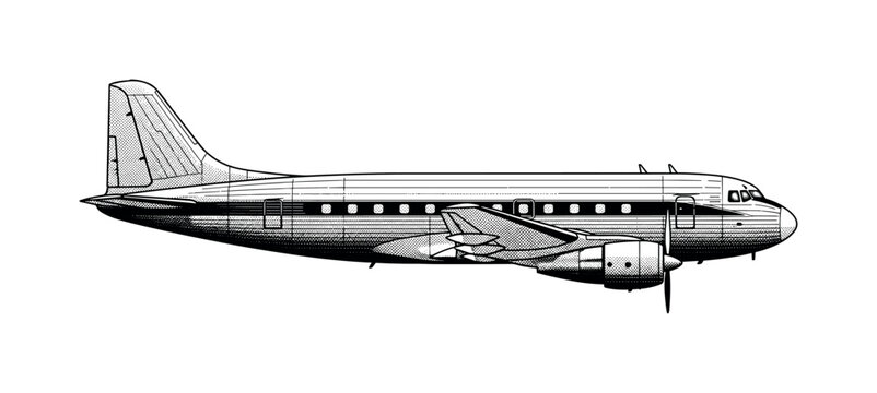 A vintage passenger airplane with streamlined fuselage and engraved panel detailing, side profile view, black and white halftone illustration, high contrast,