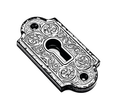 A decorative keyhole plate with baroque filigree patterns and worn textured engraving, compact industrial ornamental object, black and white halftone