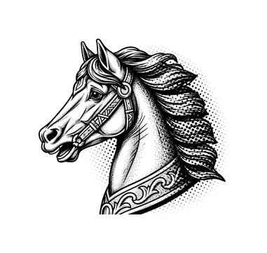 A classic carousel horse head with carved ornamental detailing and engraved textures, symbolic carnival object, black and white halftone illustration, high