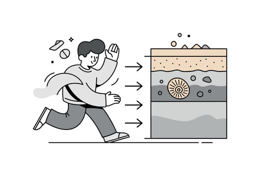 Geological layers. A vertical cross-section shows multiple earth layers with a fossil embedded in one level, connected by arrows indicating age differences.