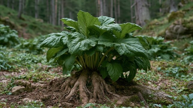 Robust mandrake plant emerging from mossy ground featuring thick textured roots and lush foliage in a deep woodland.