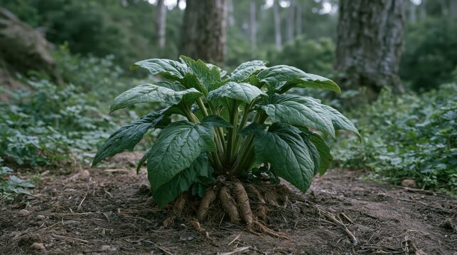 Mandragora officinarum plant with broad vibrant green leaves and complex roots growing in a dark forest soil.