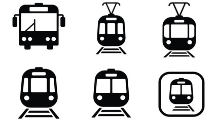 Public transportation icons vector silhouettes with bus tram train subway railway trolley and city transit vehicle symbols for mobility design © HYPER