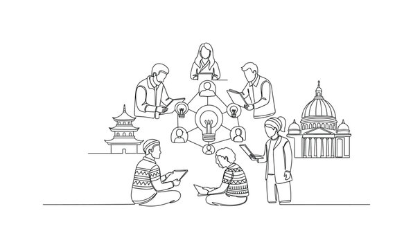 GLOBAL CONSULTING WORKSHOP. Minimalistic one-line drawing a group collaborating around shared ideas with cultural symbols implied, continuous single black line