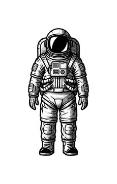 A retro astronaut in a bulky vintage spacesuit with engraved panel details and reflective helmet visor, full-body simplified form, black and white halftone