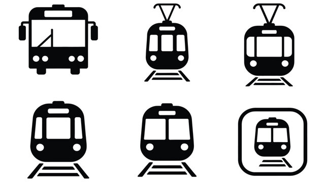 Public transportation icons vector silhouettes with bus tram train subway railway trolley and city transit vehicle symbols for mobility design