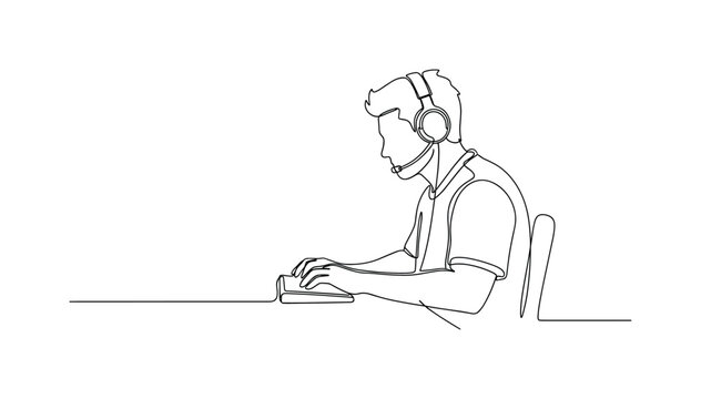 "Competitive Gaming". Minimalistic one-line drawing gamer at desk with headset and keyboard in focused posture, continuous single black line on white
