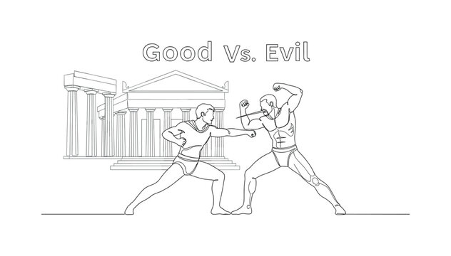 "Good vs Evil". Minimalistic one-line drawing hero and villain in dynamic combat pose with temple architecture in background, continuous single black line on