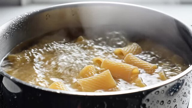 Closeup of pasta boiling in a pot of water cooking process.
