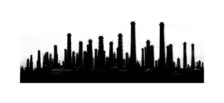 A cluster of chimneys forming a jagged silhouette with faint halftone sky texture behind, tightly framed and minimal, monochrome halftone illustration, visible