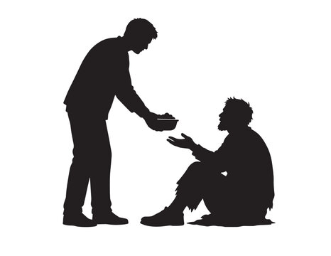 Homeless man receiving food, a silhouette vector illustration depicting charity and compassion. Social issues and poverty relief concept art, a black and white graphic resource.