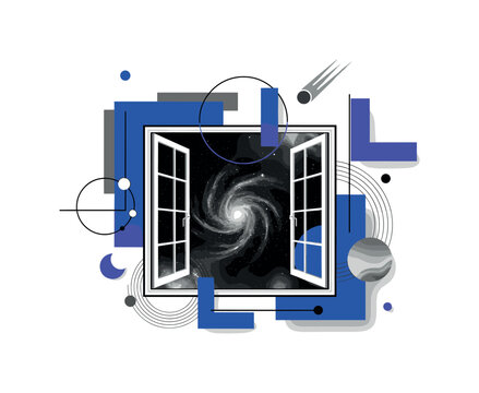composition of layered window, stars, nebulae, and floating celestial shapes, black and white central objects with strong depth, bold blue and violet geometric