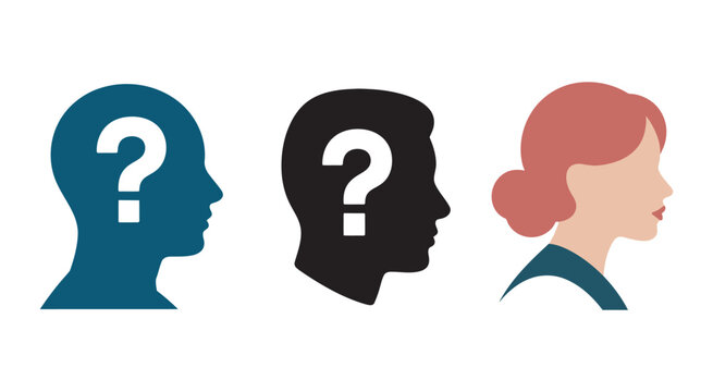 Silhouette profile icons set, men and women with question marks, identity mystery symbols, human avatar illustration, vector design 
